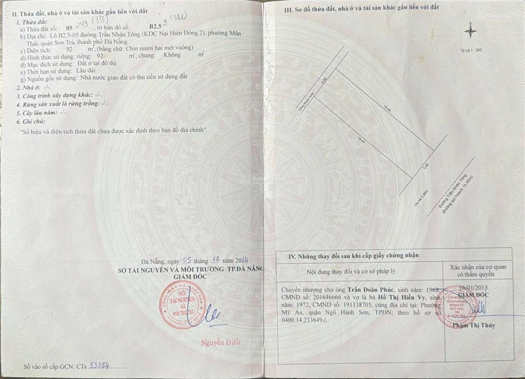 Bán lô đất mặt tiền 15m khu sơn trà  trần nhân tông  gọi huy phan