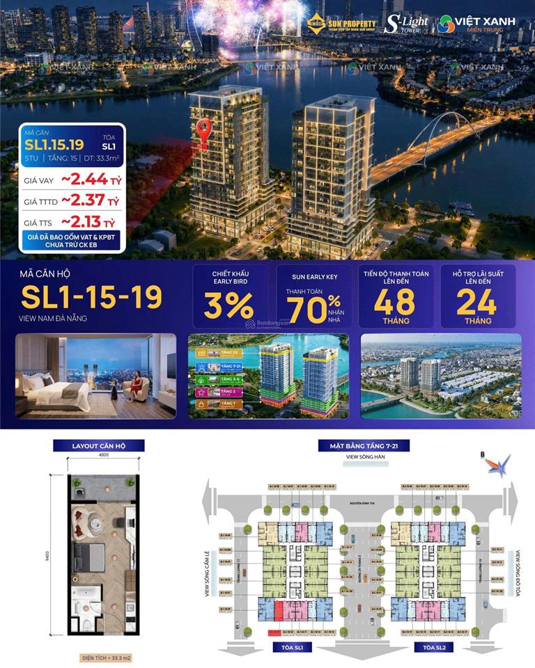Độc quyền, studio slight tầng 15, căn sl1.15.11 view sông, pháo hoa diff, giá tốt giai đoạn đầu