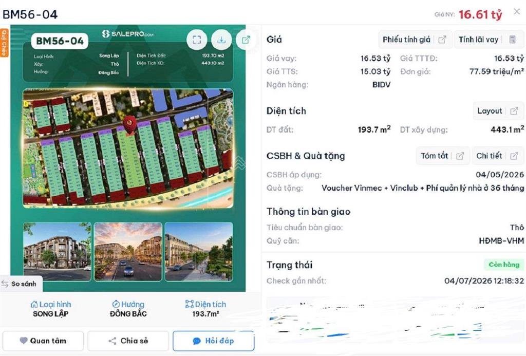 Bán bt song lập, vin hạ long xanh. 193m2, 4tầng, mt9m, 77tr/m2, dòng tiền ổn định ~300tr/tháng.