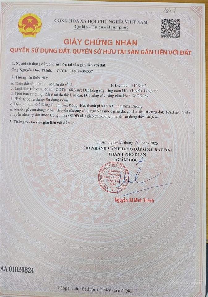 Bán nhà 51/9 đường trần quang khải, p. đông hòa, hcm. địa chỉ cũ tp. dĩ an, bình dương. dt  315m2