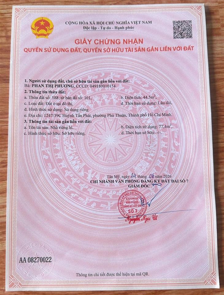 Bán căn nhà hẻm 3m hẻm 1247 đường huỳnh tấn phát phường phú thuận quận 7