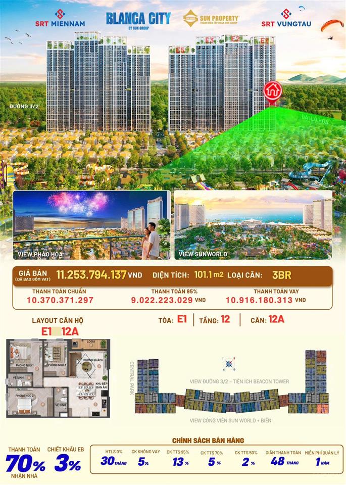 Bán cc blanca city, 11,254 tỷ, 101,1m², 3pn, p10, vũng tàu, view đẹp