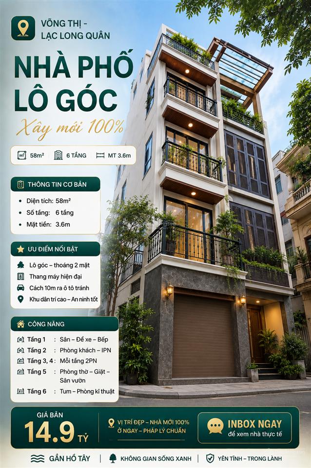 Cần bán nhà phố võng thị , dt 60m2 * 6 tầng , mt 3,8m. nhà lô góc , thang máy , ô tô tránh .