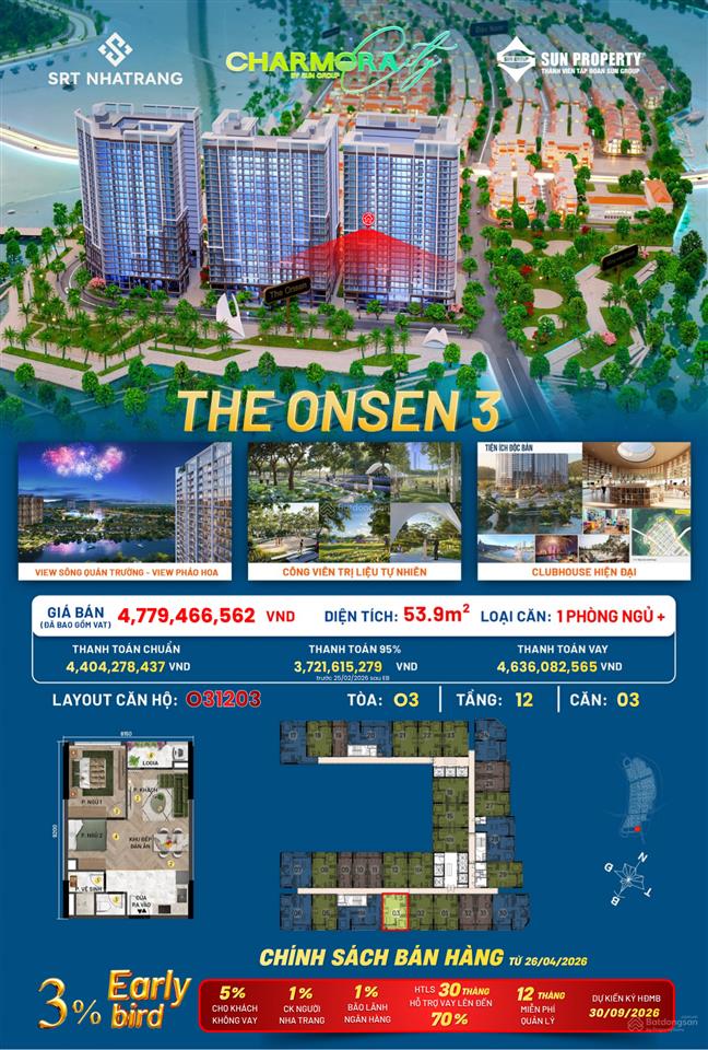 Chỉ 3,7 tỷ  sở hữu căn hộ 1pn+ tòa khoáng nóng onsen  charmora city (sungroup nhatrang)