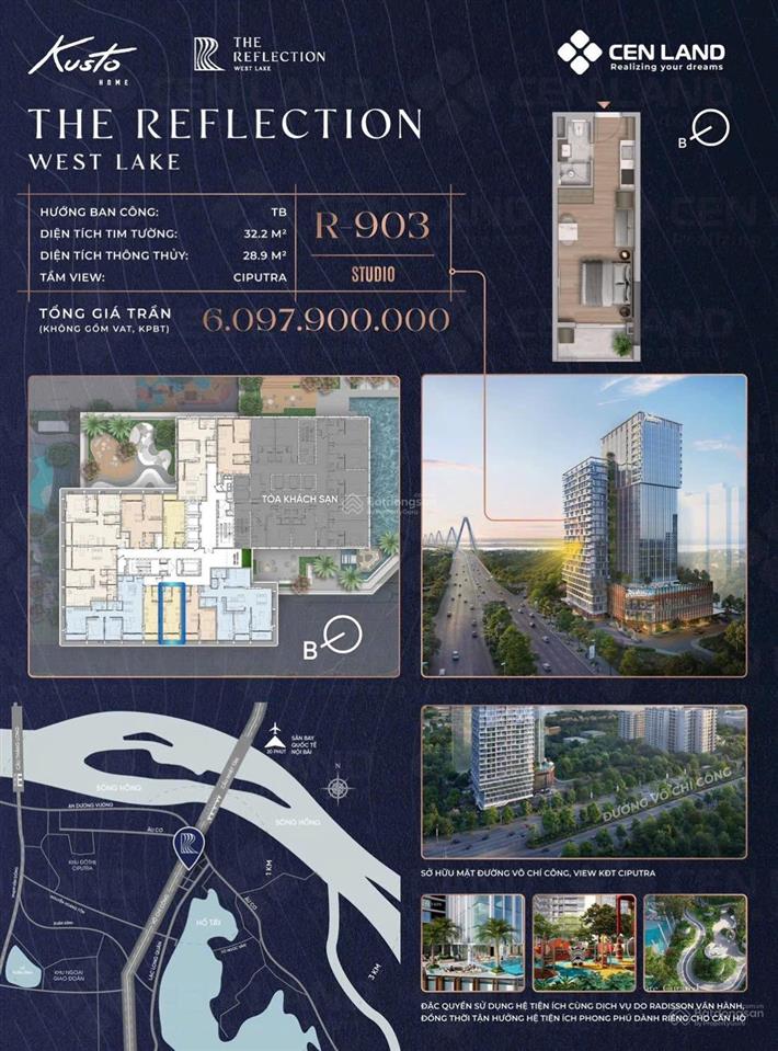 Noble crystal tay ho the reflection west lake studio  r 903 dt thông thủy 28,9m2 tim tường 32,2m2