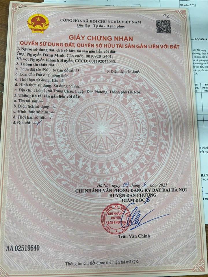 Chính chủ cần bán mảnh 65m2 tại trung châu giá đầu tư chỉ 4 tỷ đường trước nhà 10m mặt tiền 5m