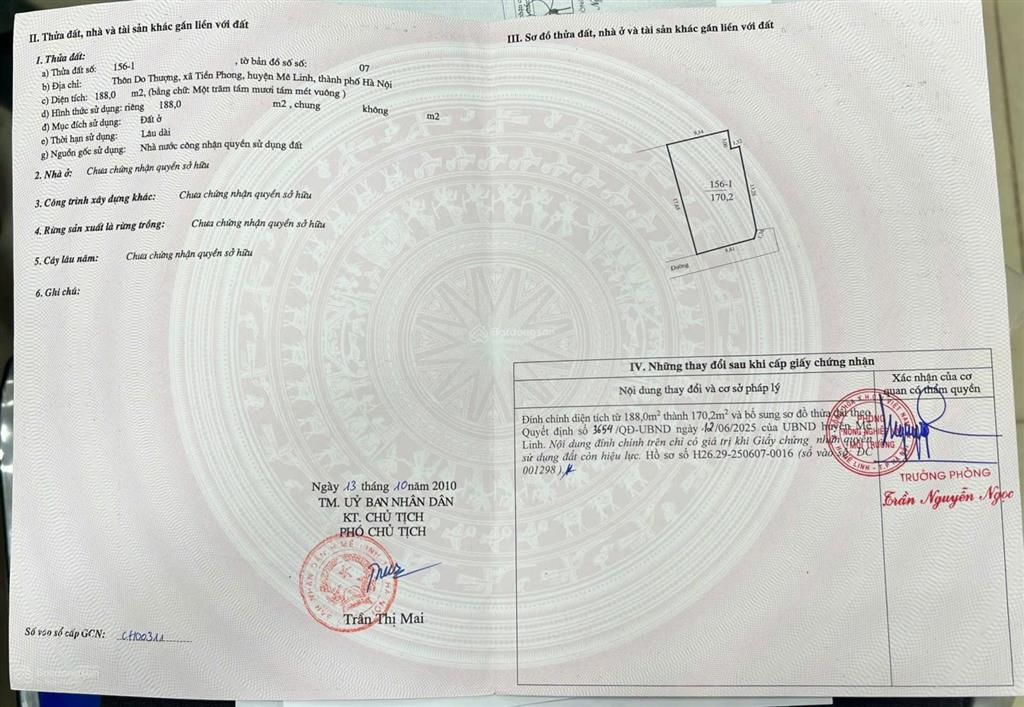 Chào bán 170m đất thổ cư, sẵn sổ đỏ thôn do thượng tiền phong mê linh hn