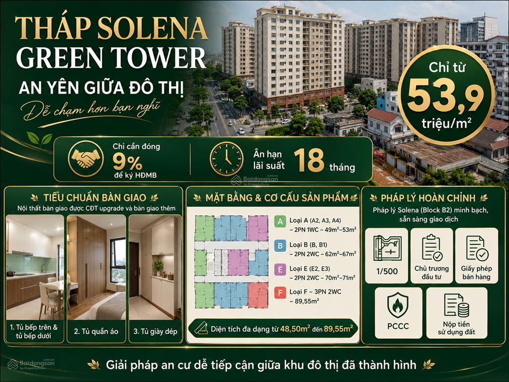 Căn hộ solena green tower bình tân, cách aeon tân phú chỉ 5 phút, ký hđmb chỉ với 300 triệu