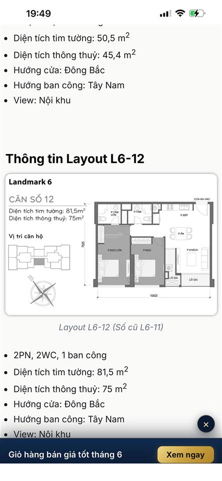 Chủ nhà cần bán gấp 2pn landmark 6 | 81,5m² | full nt