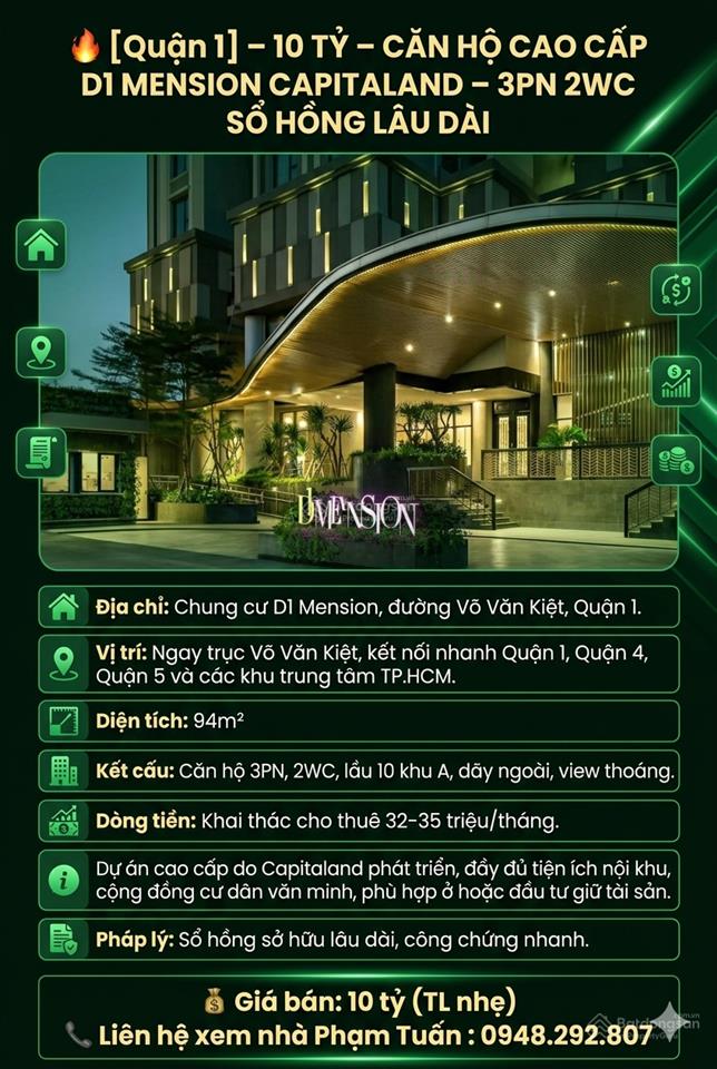 Quận 1 10 tỷ căn hộ cao cấp d1 mension capitaland 3pn 2wc sổ hồng lâu dài