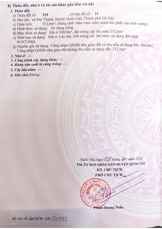 Bán đất đại thành, quốc oai. 552m có 300m thổ cư. khu vực phát triển nhanh. giá nhỉnh 19 tỷ