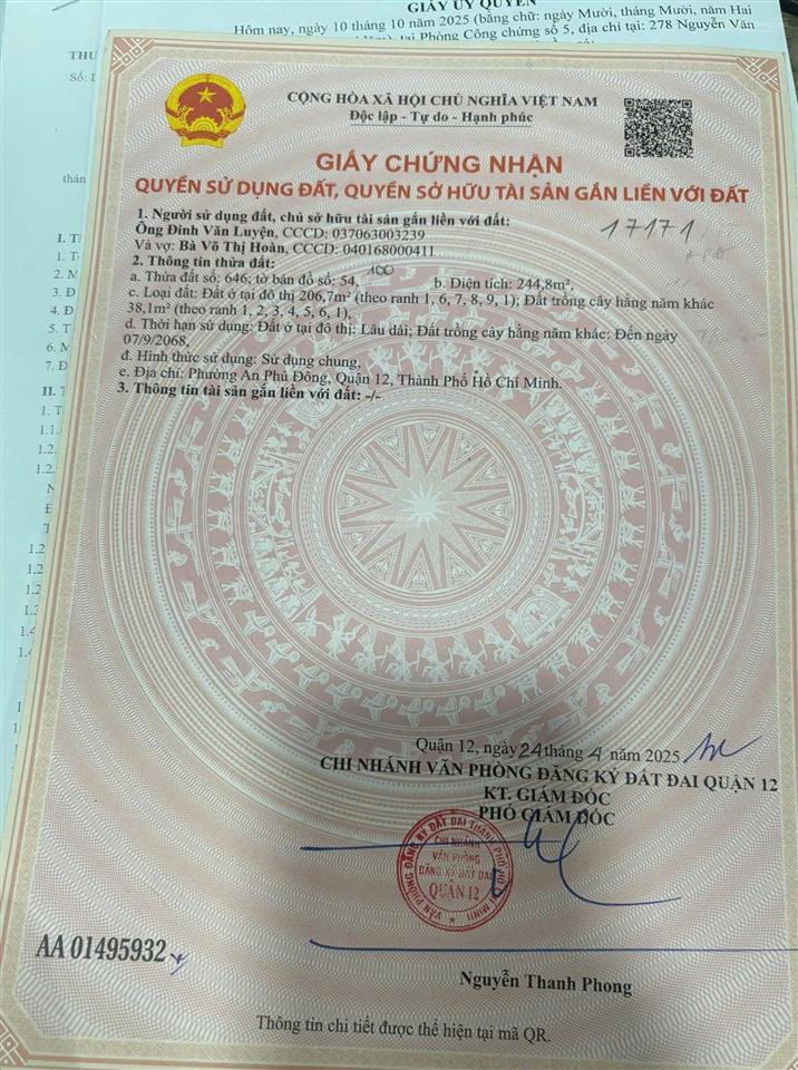 Đất thổ cư đẹp tại vườn lài, 244m2, 16 tỷ 300.000.000 phù hợp xây căn hộ dịch vụ, biệt thự