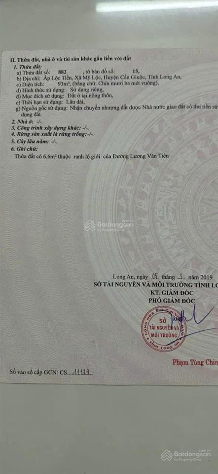 Tôi bán đất đường lương văn tiên, mỹ lộc, cần giuộc, long an. dt 93m² shr full thổ, giá 780 triệu