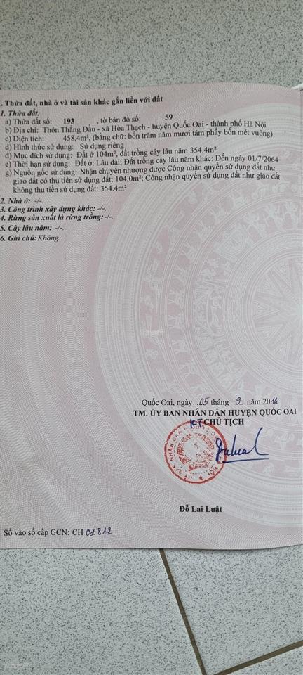 Chính chủ cần bán đất có sổ đỏ tại thôn thắng đấu, phú cát, hà nội