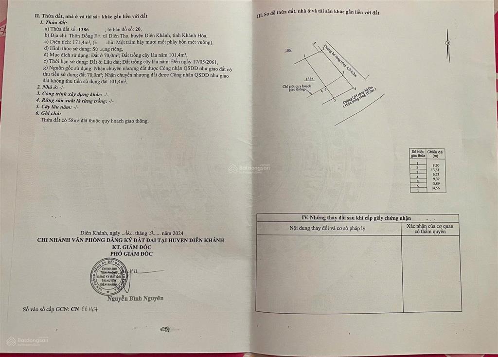 Bán đất đẹp lô góc tại 40a hương lộ 62, diên thọ, diên khánh, 2,25 tỷ, 171m2