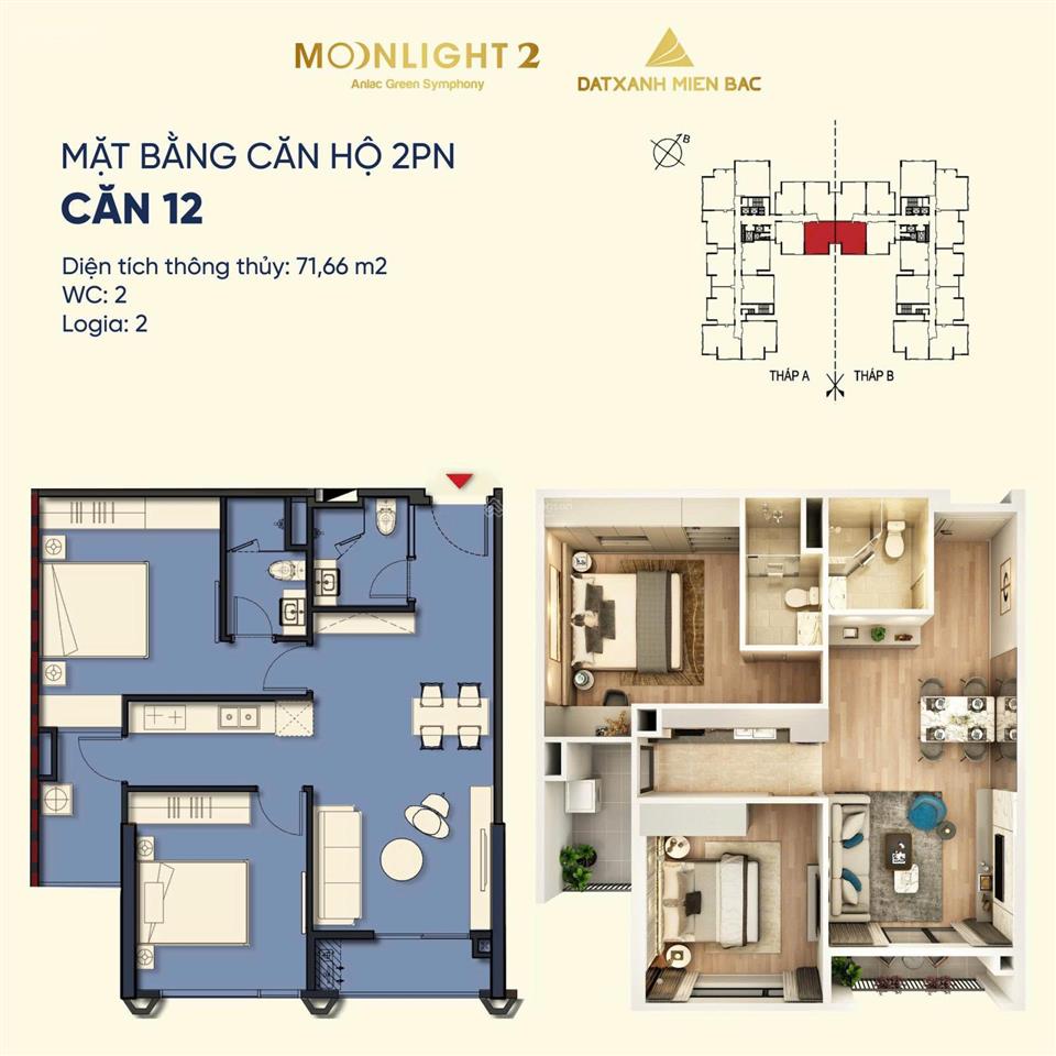 Bán căn hộ 2pn moonlight 2 66,64m giá chỉ 83 triệu/m2