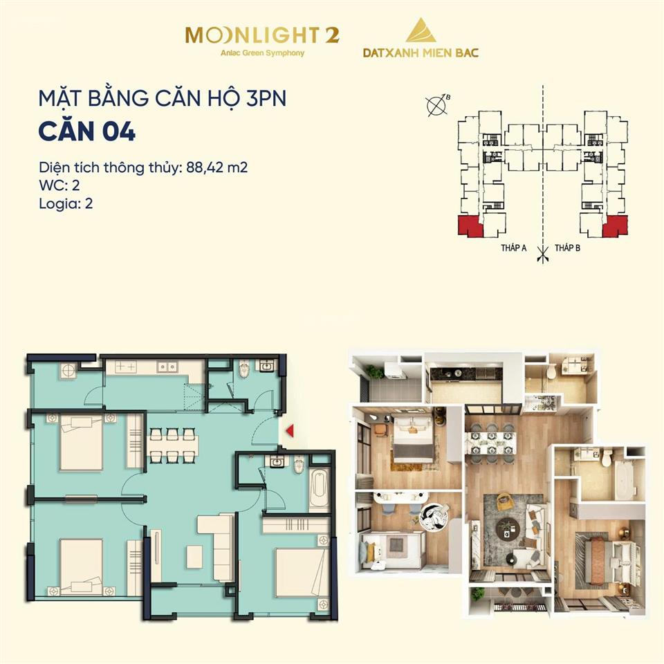 Bán căn hộ 3 phòng ngủ moonlight 2 88,42m không gian sống đẳng cấp