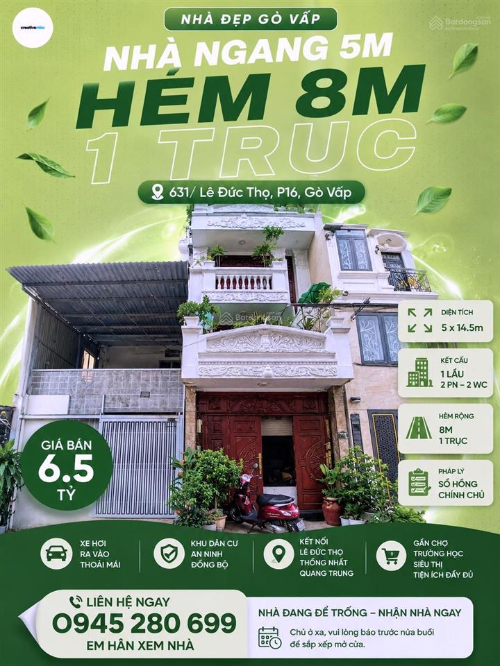 Chỉ 100tr/m² hxh 8m 631 lê đức thọ p16 5x14.5m cn 64m² 2l 2pn nhận nhà ngay giá chỉ 6.5 tỷ tl