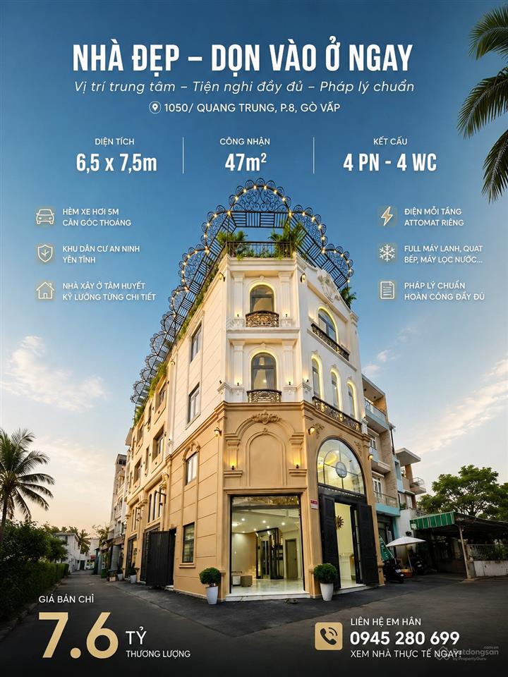 Nhà mới giá mềm hxh 1050 quang trung p8 46.2m² 4t căn góc siêu thoáng có thang máy giá chỉ 7,6tỷ tl