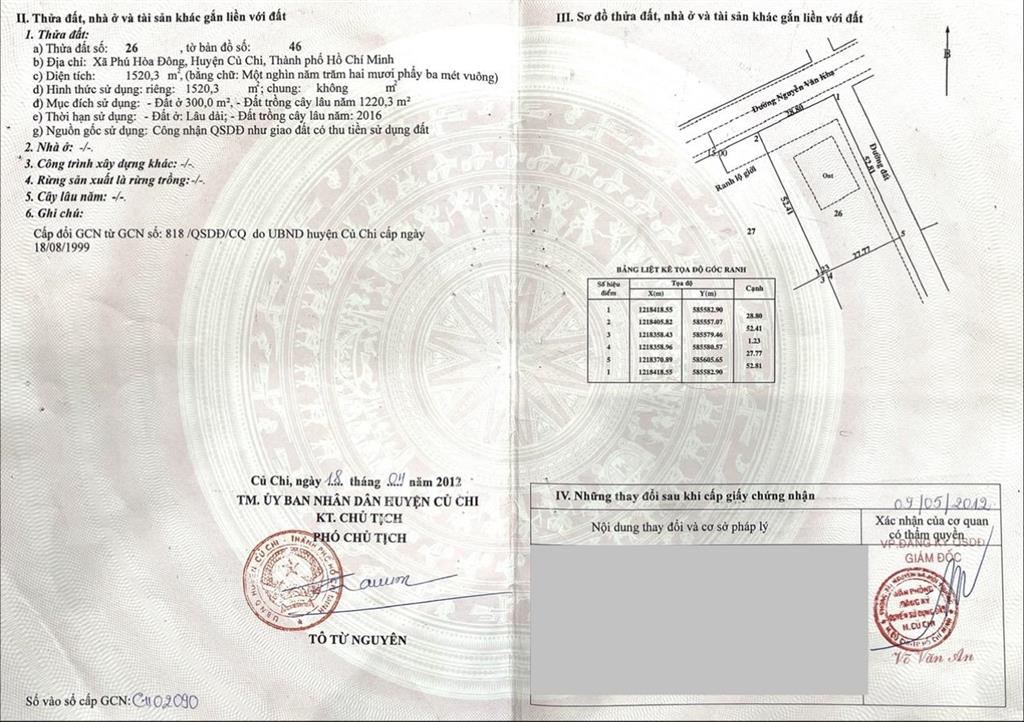Chính chủ bán lô góc 2 mặt tiền 1.520,3m2 sẵn nhà vườn  nguyễn văn khạ, phú hòa đông, củ chi