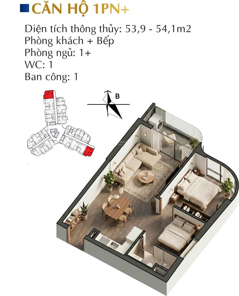 Bán gấp căn hộ vân bay 1n+, diện tích 53,9m², vốn chỉ từ 650 triệu, chiết khấu 9% giá trị căn hộ