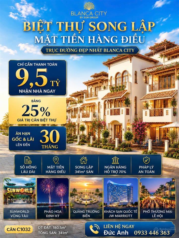 Chỉ 9,5 tỷ nhận ngay biệt thự song lập mặt tiền hàng điều, sổ hồng lâu dài tại blanca city vũng tàu