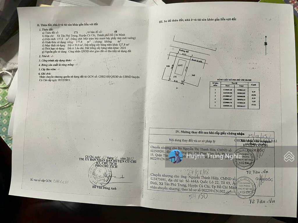 Bán gấp đất shr (dt 9x18m giá 1 tỷ 150) đường trần thị cẩm ngay mũi tàu tân phú trung  củ chi