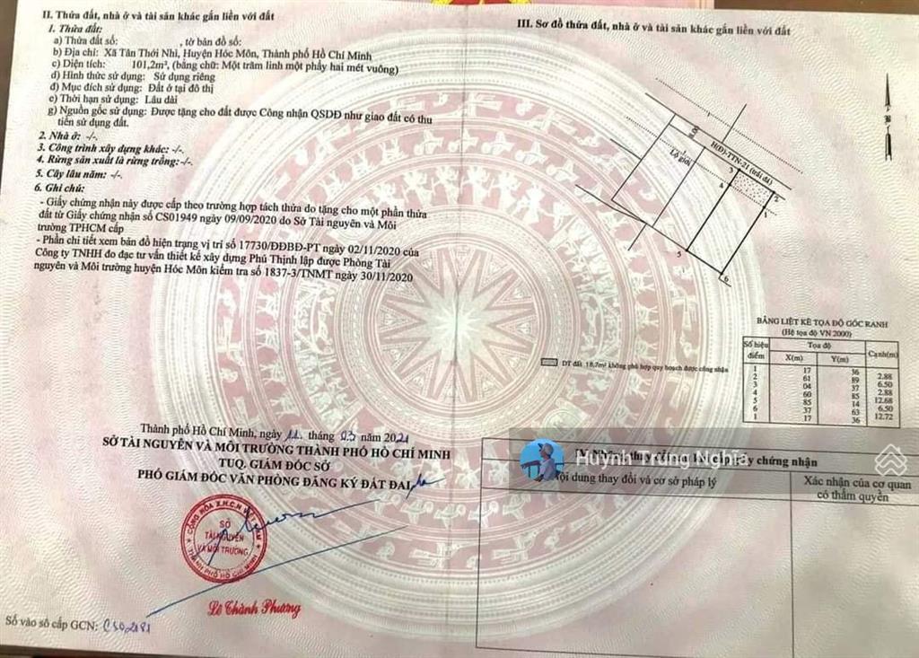 Bán gấp đất shr (dt 101m2 giá 1 tỷ 6) đường tân thới nhì 9, xã tân thới nhì, ngay vinhomes hóc môn
