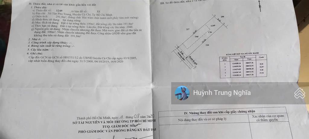 Kẹt tiền bán gấp đất shr (dt 291m2 giá 850tr) đường cây da, tân phú trung ngay bệnh viện xuyên á