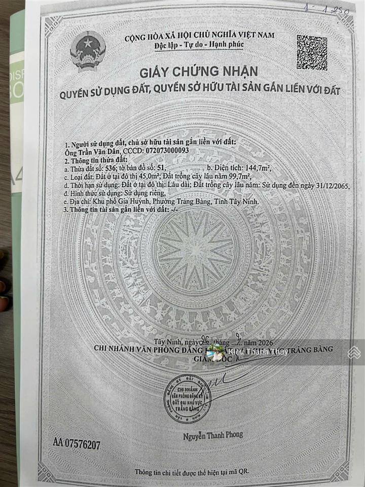 Cần tiền bán nhanh lô đất đ. chùa đá, phường trảng bàng, 144m², 620tr sổ hồng riêng