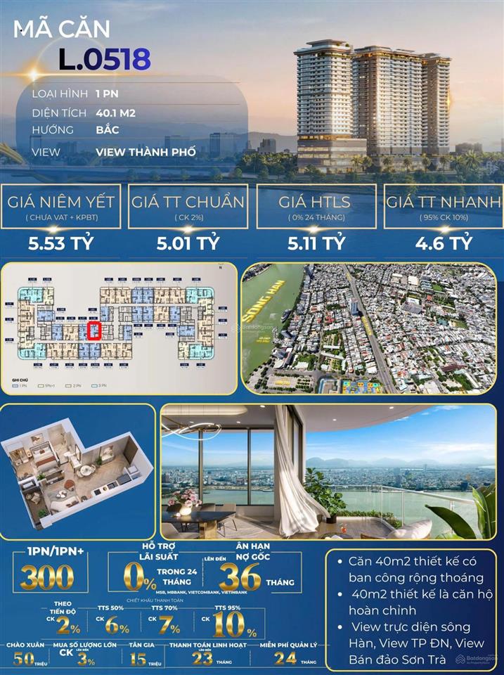 Căn hộ cao cấp sổ lâu dài 1pn tại trung tâm đà nẵng ngay cạnh cầu rồng phun lửa