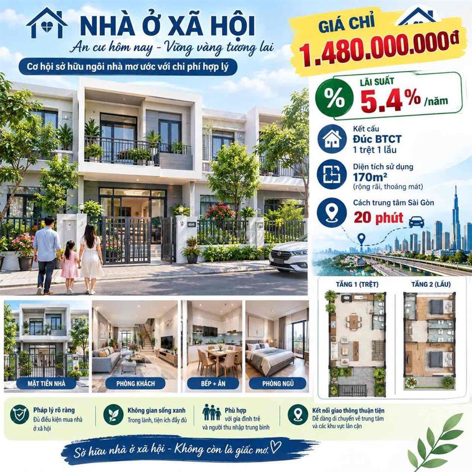 NHÀ Ở XÃ HỘI SỔ HỒNG RIÊNG SỞ HỮU LÂU DÀI -2 TẦNG - BANK 70%/LS 5.4%