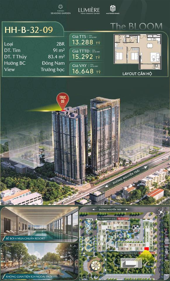 Căn 2PN 91m² Hướng Đông Nam View Trường Học  Giá Từ 13.XXX