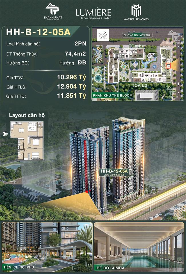 🌳 Căn 1PN View Công Viên Nội Khu 53m² Tại Lumière Hanoi Seasons Garden  Hướng Đông Nam