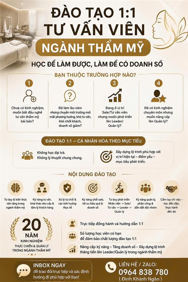 ĐÀO TẠO 1:1 TƯ VẤN VIÊN NGÀNH THẨM MỸ – HỌC ĐỂ LÀM ĐƯỢC, LÀM ĐỂ CÓ DOANH SỐ