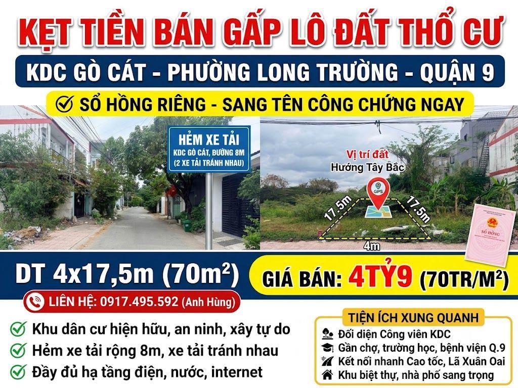 Chủ thở oxy cần bán nhanh lô đất hẻm xe tải KDC Gò Cát, P.Long Trường, Q.9. Giá chỉ có 4tỷ9 