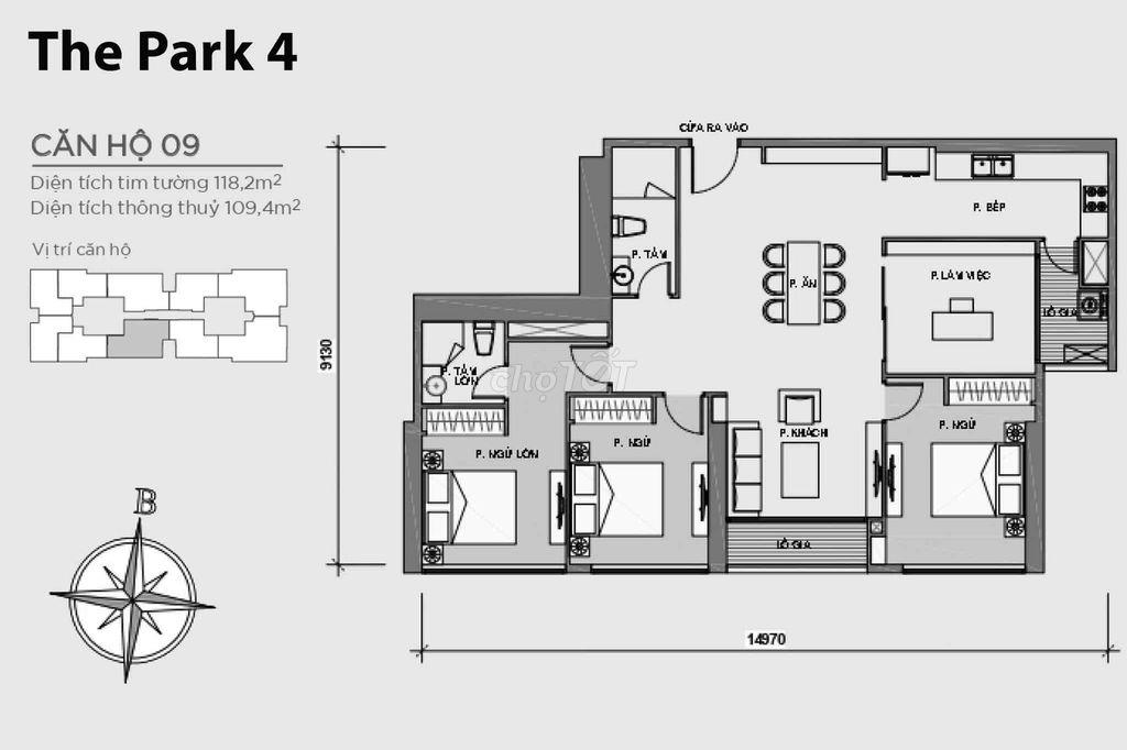3PN+ Giá rẻ nhất Vinhome Central Park -P4.09, giá : 15 tỷbp