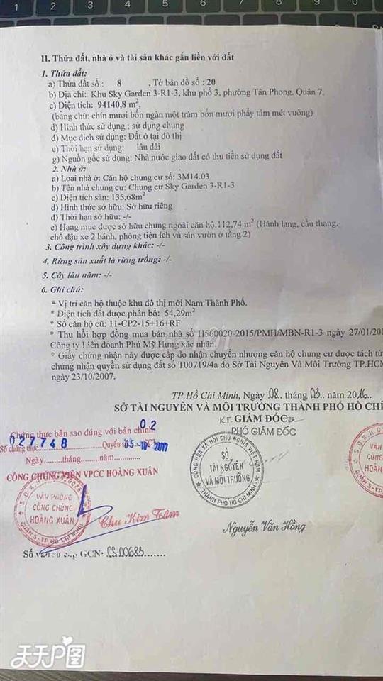 cần bán gấp  đia chỉ nhà 11C P2-15 chung cư skygaden 3 Tân phong quận