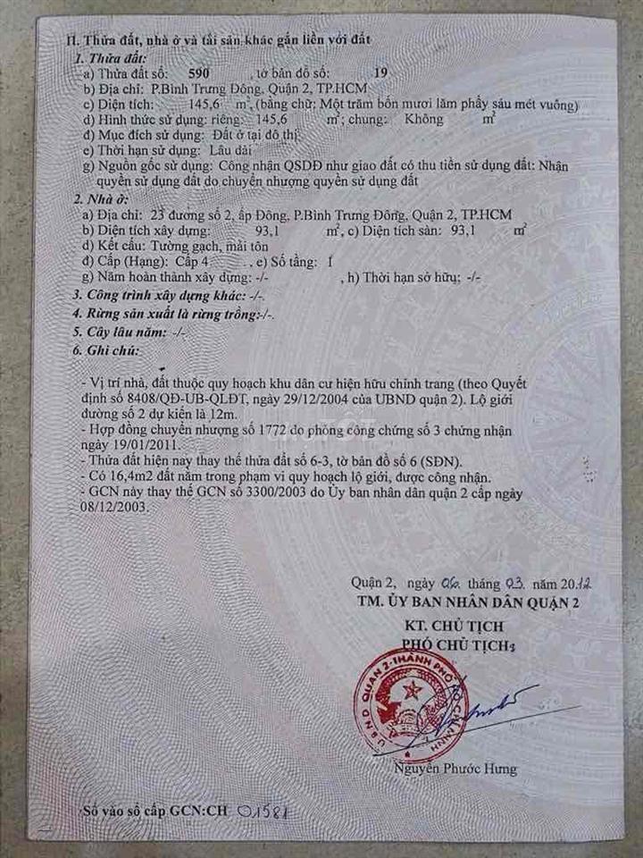 Hoa Hồng 1% cho mg Cần bán nhà cấp 4, đường số 2, p. Bình Trưng, có