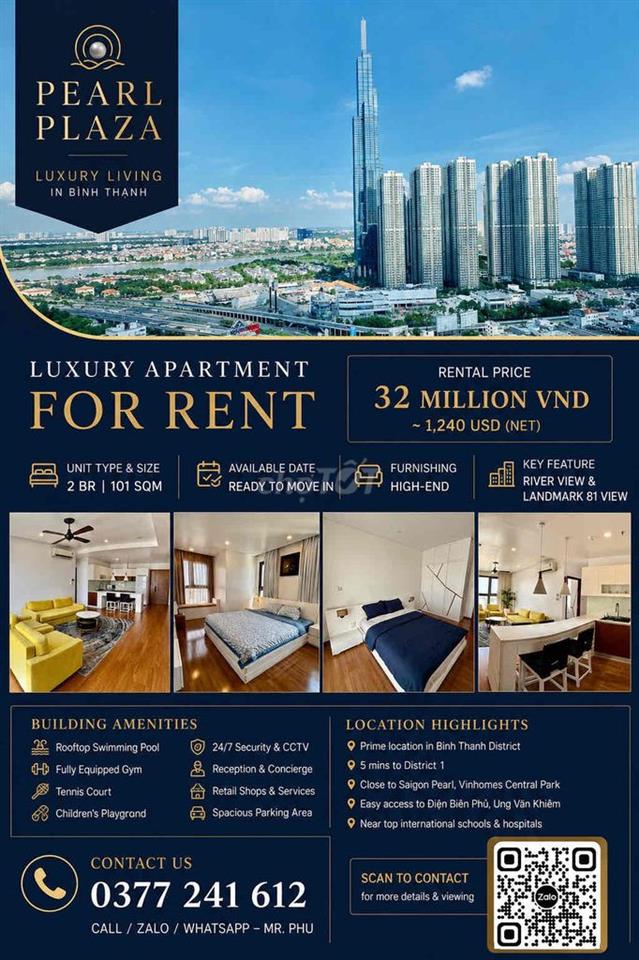 Pearl Plaza 2pn 101m2 | view sông và Landmark | tầng cao | 32 triệu