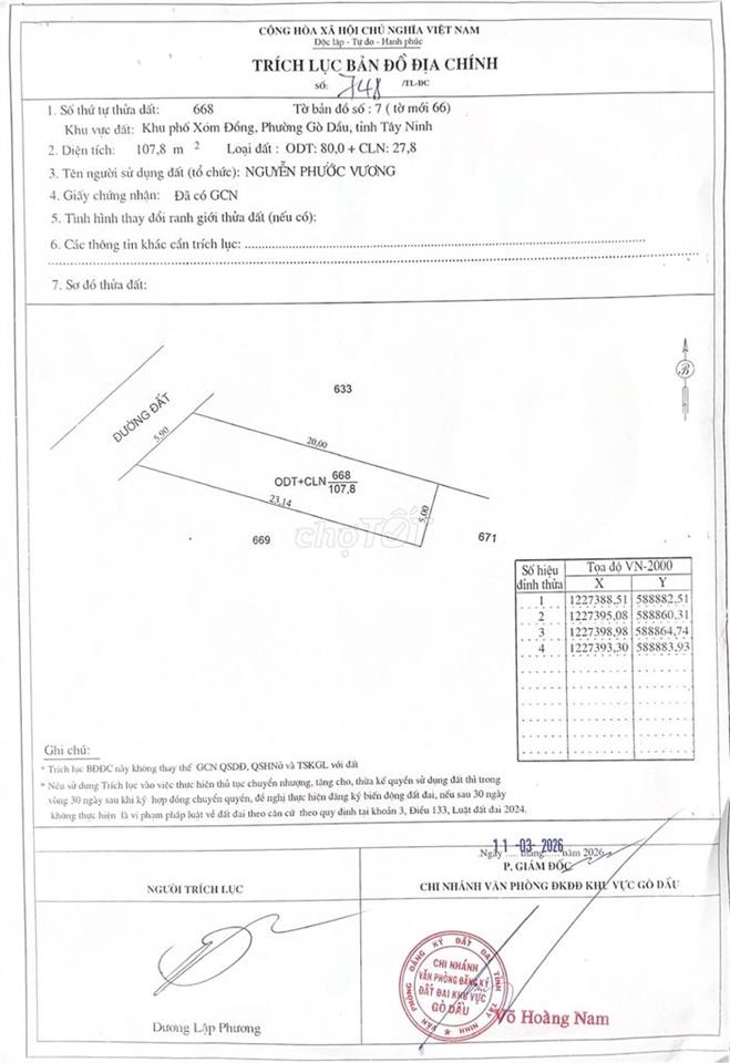 Bán đất diện tích 107.8m2 sẵn sổ, khu vực Gò Dầu, Tây Ninh