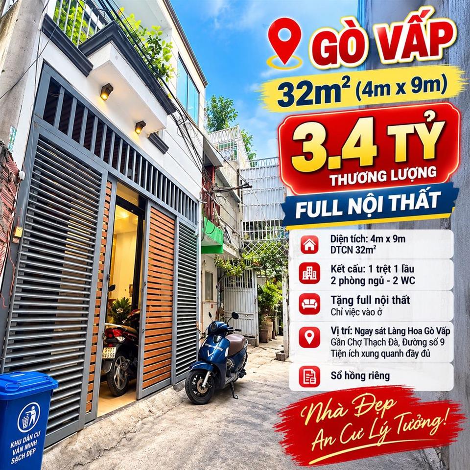 🔥GÒ VẤP 32m²(4mx9m) - 3.4 tỷ – FULL NỘI THẤT – ĐS 9 SÁT LÀNG HOA 🔥