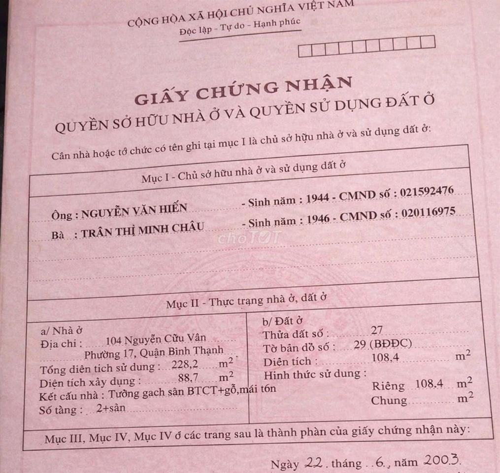 chính chủ bán nhà 104 Nguyễn Cửu Vân- Bình Thạnh. giá 265tr/m2- 108m2