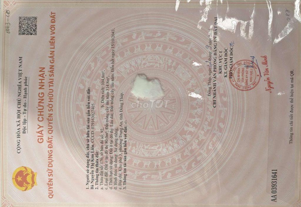 609m² gần Co.opmart Mỹ Tho chỉ 3,3 tỷ – có 80m² thổ cư – chính chủ