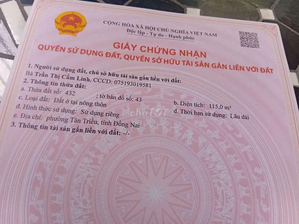 Chủ ngộp bán gấp 115m2 đất thổ cư full, đường xe ô tô, giá 870 triệu