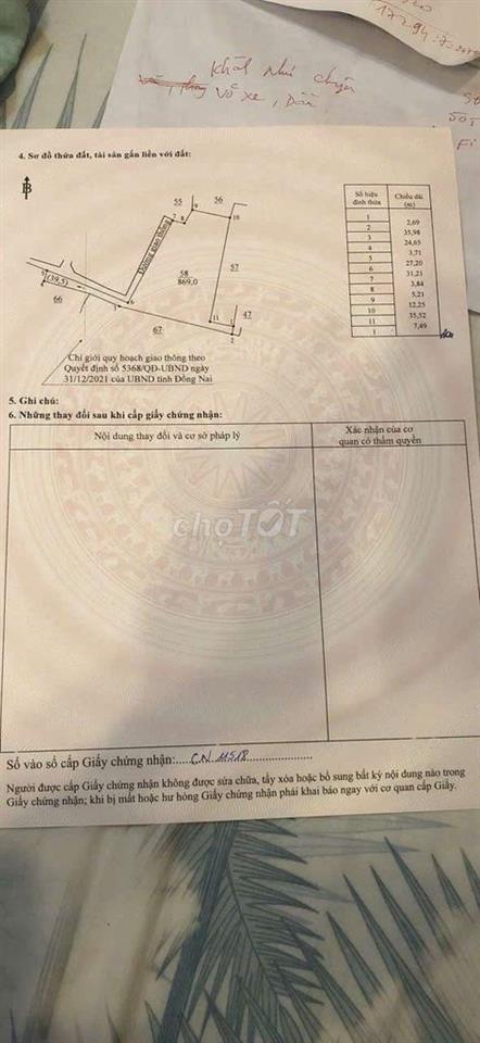 Bán gần 900m2 đất sổ riêng có 283m2 ODT tại phường Tân Triều. 1,55 tỷ
