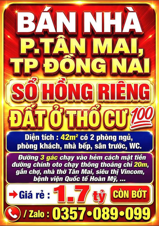 BÁN NHÀ P.TÂN MAI, SỔ HỒNG RIÊNG THỔ CƯ 💯 GẦN CHỢ, NHÀ THỜ, VINCOM