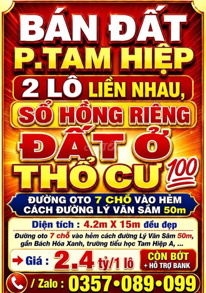 BÁN ĐẤT TAM HIỆP, 2 LÔ LIỀN SỔ HỒNG THỔ CƯ 💯 ĐƯỜNG OTO GẦN LÝ VĂN SÂM