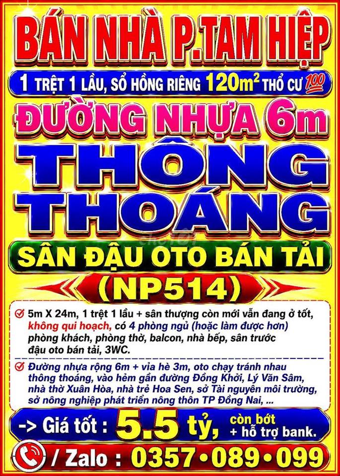 BÁN NHÀ TAM HIỆP, 1TRỆT 1LẦU, SỔ HỒNG 120m2 THỔ CƯ 💯 ĐƯỜNG 6m SÂN OTO