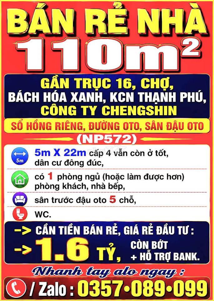110m2 BÁN RẺ NHÀ GẦN CHỢ, KCN THẠNH PHÚ, C.TY CHANGSHIN SỔ HỒNG, Đ.OTO